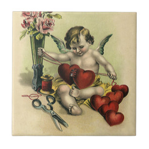 Vintage Victorian Valentines Day Angel Seamstress Kakelplatta