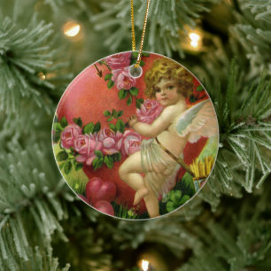 Vintage Victorian Valentines day Änglar Heart Ro Julgransprydnad Keramik