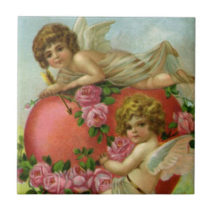 Vintage Victorian Valentines day Änglar Heart Ro Kakelplatta