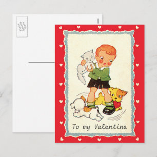 Vintage Victorian Valentines day Boy, Cat och Hund Helg Vykort