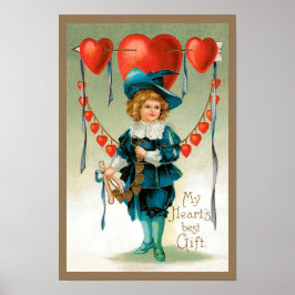Vintage Victorian Valentines day, Boy med Hearts Poster
