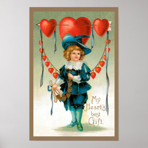 Vintage Victorian Valentines day, Boy med Hearts Poster