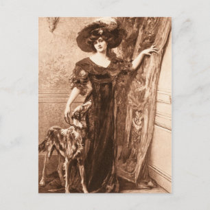 Vintage Victorian Woman w Greyhound Hund-mall Vykort