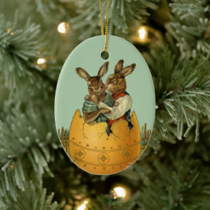 Vintage Victorianska Påskhare i Guld Egg Julgransprydnad Keramik