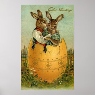 Vintage Victorianska Påskhare i Guld Egg Poster