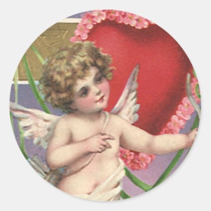 Vintage Viktorian Alla hjärtans dag Cupid med hjär Runt Klistermärke
