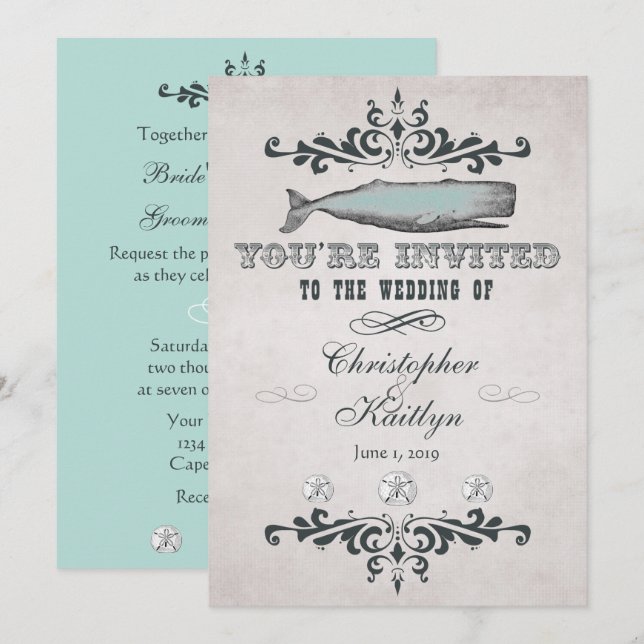 Vintage Viktorian Beach Whale bröllopsinbjudningar Inbjudningar (Fram/baksida)