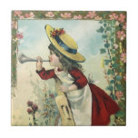 Vintage Viktorian Child, Girl Blowing Bugle Meadow Kakelplatta<br><div class="desc">Vintage illustration Viktorianska barnbilder med en tjej som bär en söt klänning och hatt och som blåser ett bugginstrument skapar musik medan man står på ett staket i fält eller ängar.</div>