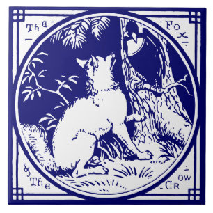 Vintage Viktorian Era Fox & Kråka Delft Blue Kakelplatta