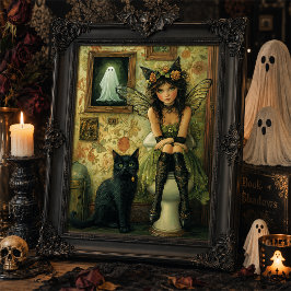Vintage Viktorian Fairy & Black Cat in Loo Art Poster
