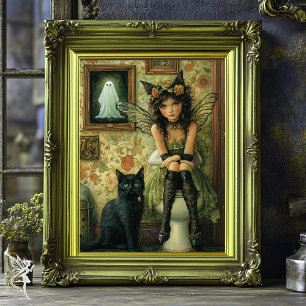 Vintage Viktorian Fairy & Black Cat in Loo Art Poster