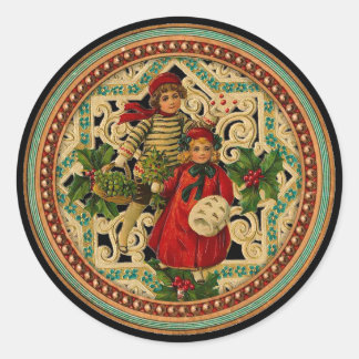 Vintage Viktorian Jul Children Sticker Runt Klistermärke