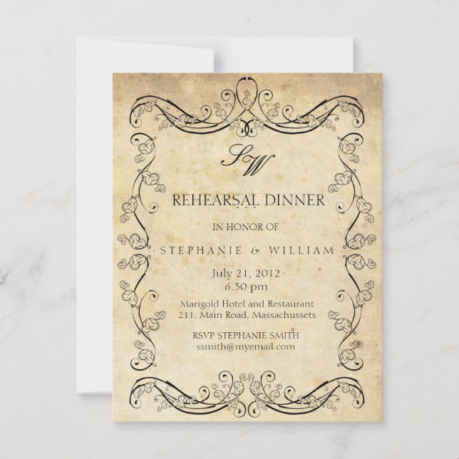 Vintage Viktorian Monogram Rehearsal Dinner Card Inbjudningar (Framsida)
