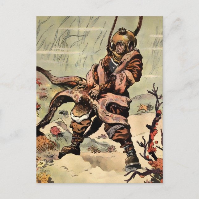 Vintage Viktorian Octopus Diver Fight Vykort (Framsida)