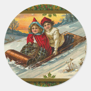 Vintage Viktorian Sledding Illustration på kort Runt Klistermärke