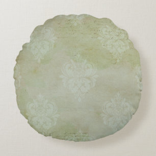Vintage Viktorian Smoky Grönt Faded Damask Rund Kudde