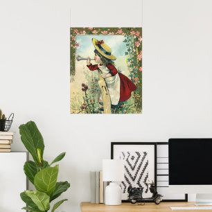 Vintage viktoriansk barn, flicka som blåser i sign poster
