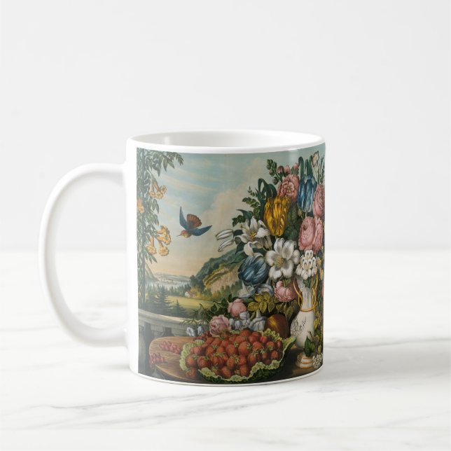 Vintage viktoriansk blom- och fruktstillebenkonst kaffemugg (Vänster)