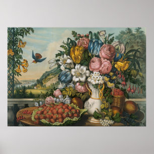 Vintage Viktoriansk Blommor & Frukt Stilleben Kons Poster