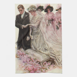Vintage Viktoriansk Bröllopsceremoni Brud och Brud Kökshandduk