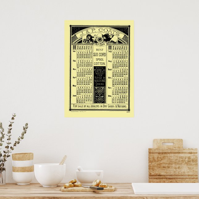 Vintage viktoriansk era 1880 trådspolekalender poster (Kök)