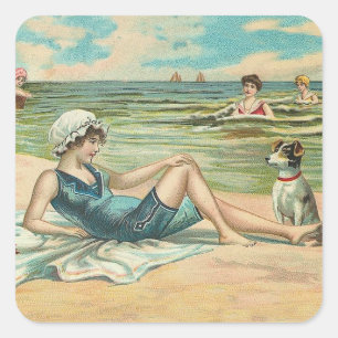 Vintage viktoriansk flicka och hund Strand antik k Fyrkantigt Klistermärke