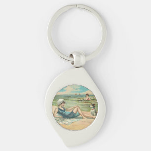 Vintage viktoriansk flicka och hund Strand antik k Swirl Silverfärgad Nyckelring