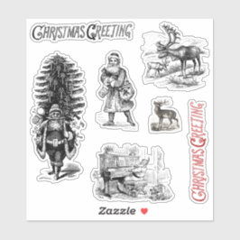 Vintage viktoriansk julhälsning Tomte Ren  Klistermärken