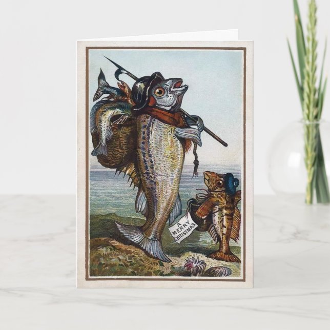 Vintage viktoriansk julkort med fisk helgkort (Framsida)