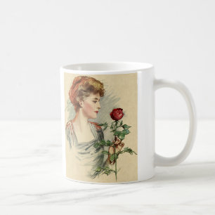 Vintage viktoriansk kvinna röd ros blomma blomster kaffemugg