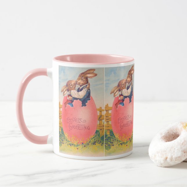 Vintage viktoriansk påskhälsning Två kaniner kysse Mugg (Med munk)