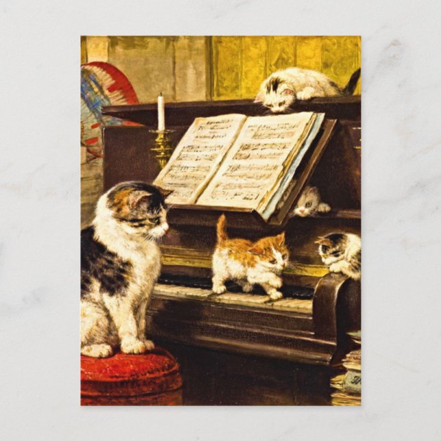 Vintage viktoriansk pianolektion Kattungemålning  Vykort (Framsida)