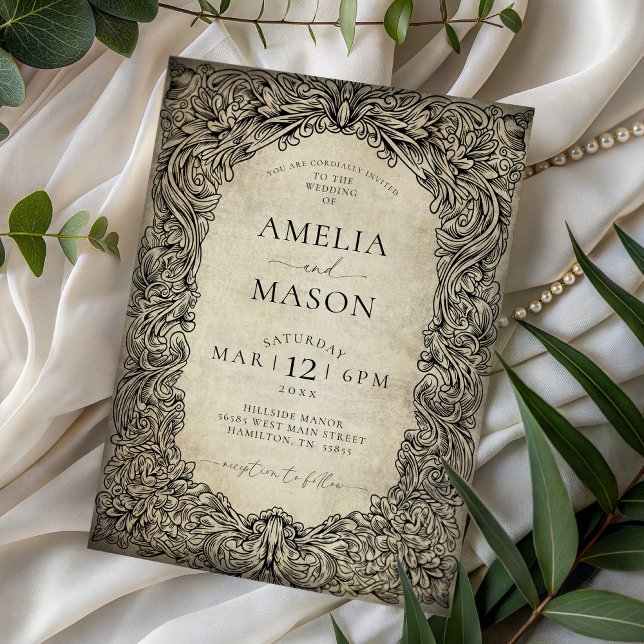Vintage viktoriansk sagoskrollning bröllop inbjudningar (Vintage Victorian Fairytale Scroll Wedding Invitation)