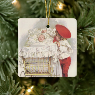 Vintage Viktorianska barn, barn och bebis i barnva Julgransprydnad Keramik