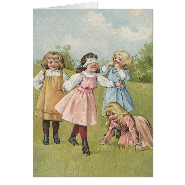 Vintage viktorianska barn leker blindbock hälsningskort (Framsidan)