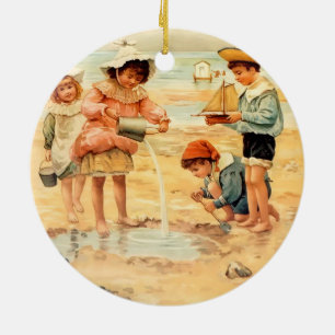 Vintage viktorianska barn på stranden Fine Art Julgransprydnad Keramik