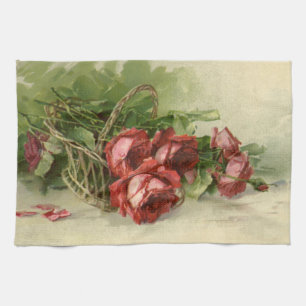 Vintage viktorianska blommor, röda rosor kökshandduk