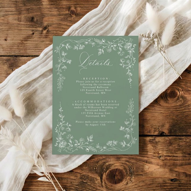 Vintage Viktorianska Bröllopsdetaljer Salvia Grön Tilläggskort (Sage green French floral wedding details card with RSVP information and QR code on back)