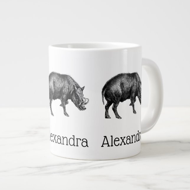 Vintage Vild Boar Teckning BW Jumbo Mugg (Framsida höger)