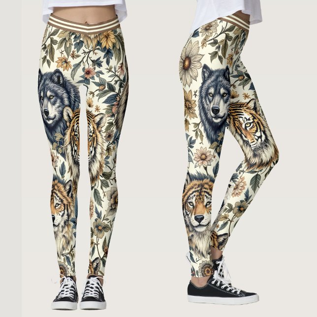 Vintage Vild Djur och Blommönster på Vit Leggings (Skapare uppladdad)