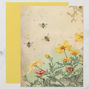 Vintage vilda blommor och bin Scrapbookpapper