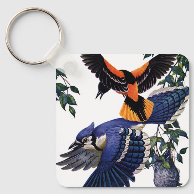 Vintage Vilda djur Bird, Blue Jays Flies Nyckelring (Framsida)