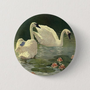 Vintage Vilda djur Birds, Victorian White Svanar Knapp