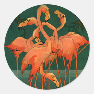 Vintage vilda djur fåglar, tropiska rosa flamingor runt klistermärke