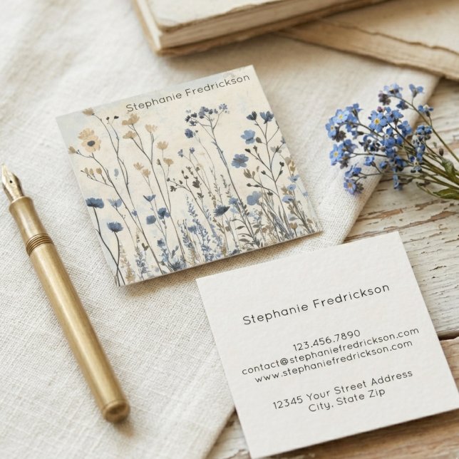 Vintage vildblomma botanisk blå äng fyrkantigt visitkort (Square floral business cards for an artisan shop owner preparing for a spring craft market.)