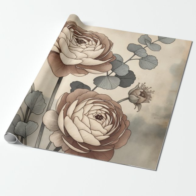Vintage vildblomma botaniskt inpackningspapper presentpapper (Utrullad)