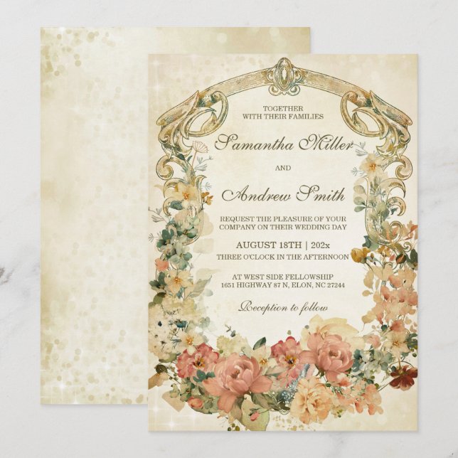 Vintage Vildblomma Bröllopsmall Inbjudningar (Fram/baksida)