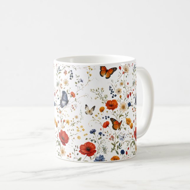 Vintage vildblomma fjäril blomsterdesign kaffemugg (Framsida höger)