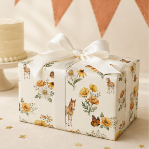 Vintage Vildblomma Häst och Fjärilsmönster Presentpapper