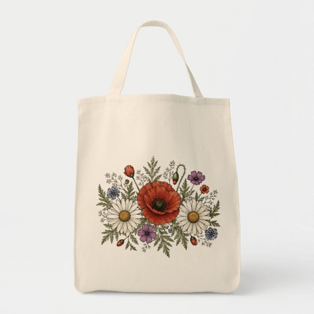 Vintage Vildblomma & Vallmo Canvas Koppånge Tygkasse (Framsidan)